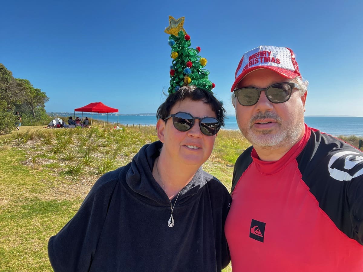 Heike and Joerg, your hosts — Christmas at the beach, Kiwi style