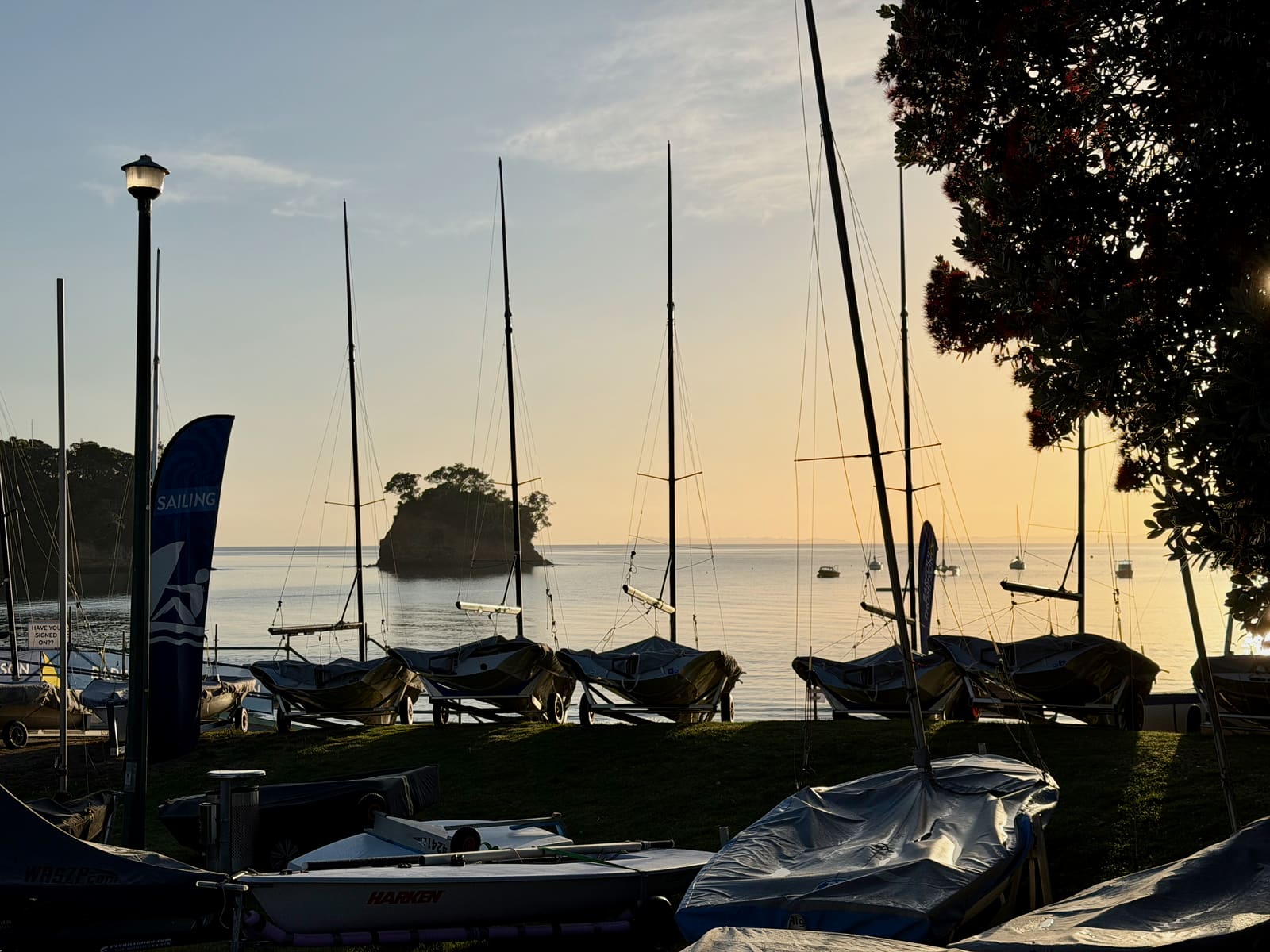 Dawn over the dinghy park, masts and the Tor