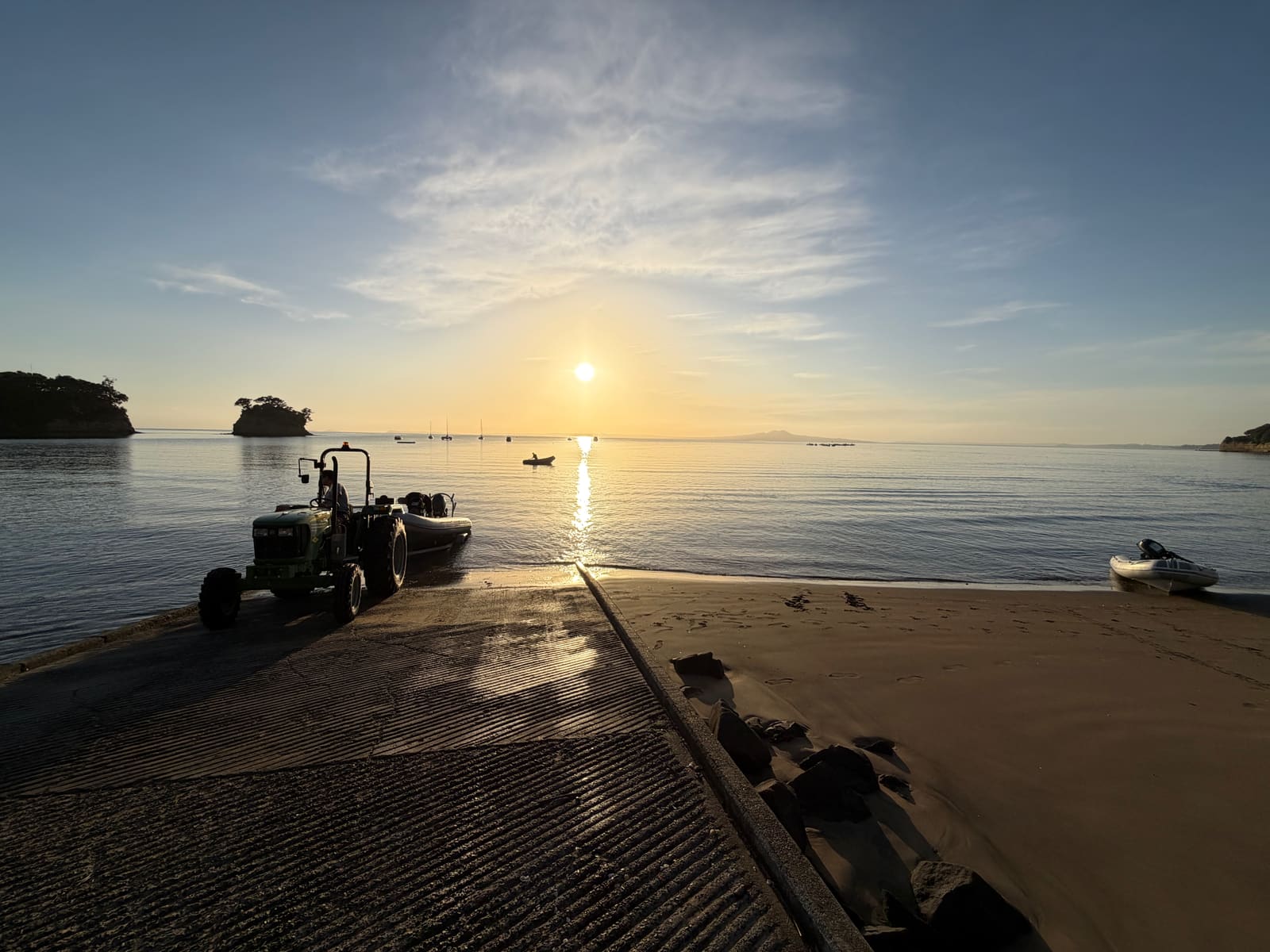 Sunrise at the boat ramp with the tractor and rescue boat