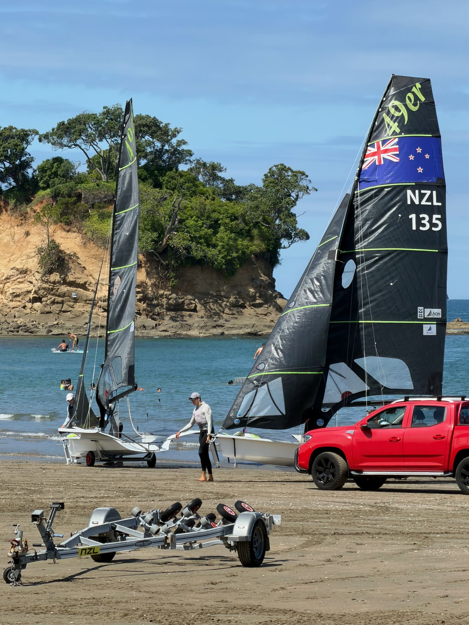 49er NZL 135 on the sand in front of the Tor