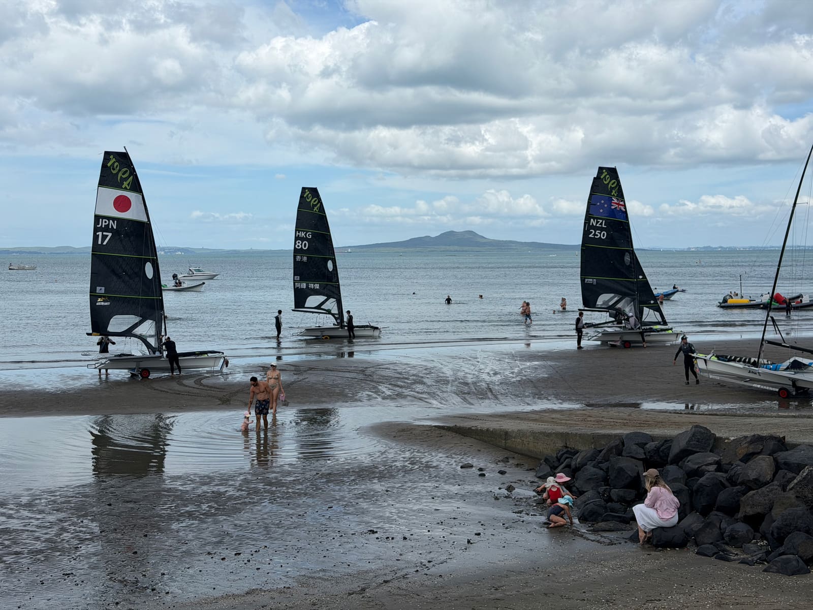 49er skiffs on Waiake Beach with Rangitoto behind