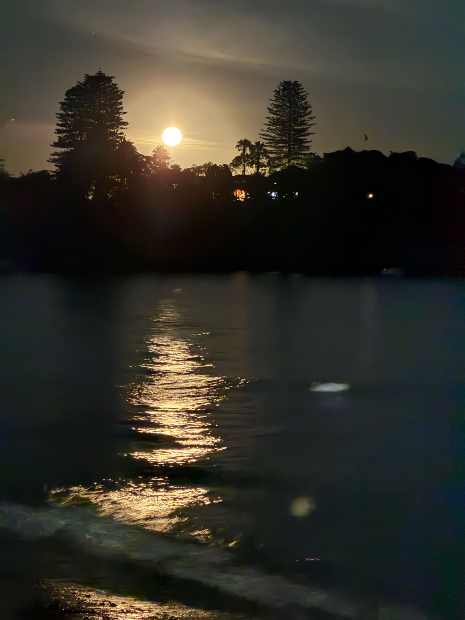 The moon rising over the headland, its path on the water