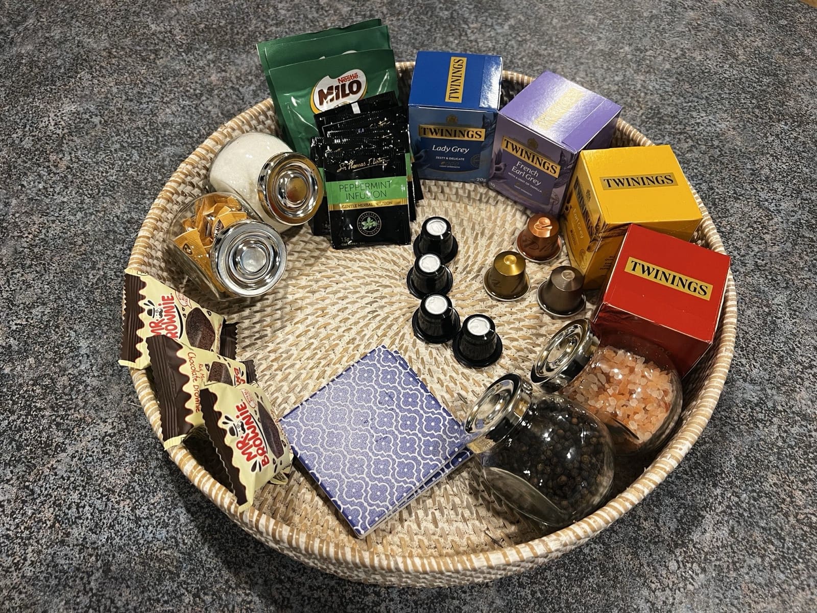 The welcome tray — tea, coffee and treats